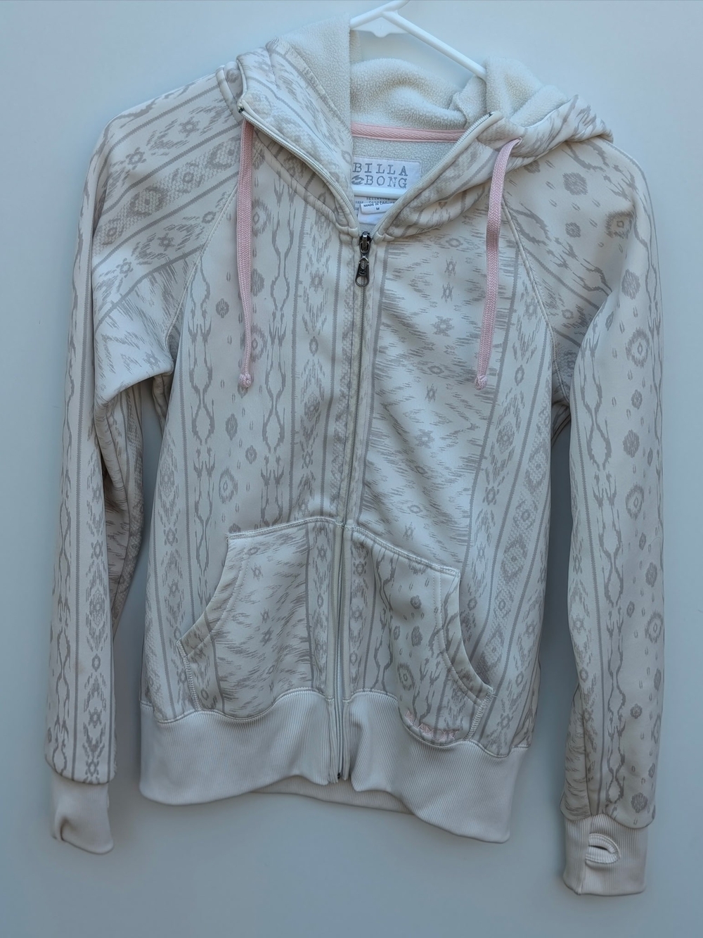 Women's Vintage/Y2K Billabong Cream Patterned Zip Hoodie with Pink Drawstrings